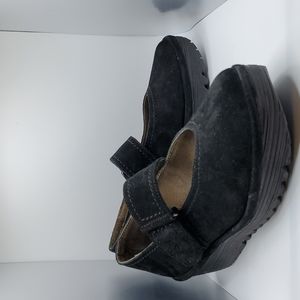 Fly London womens suede raji Mary Jane low heel wedge black loafers 39 sz 8/8.5